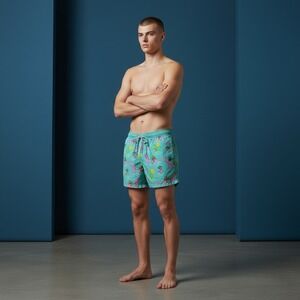 Party Pants Mens Swim Trunks Turquoise Cartoon Print Elastic Waist Drawstring L